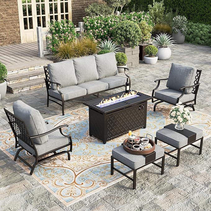 HERA'S HOUSE 6 Pieces Patio Furniture Set with Fire Pit Table, 2 x Rocking Chair, 2 x Ottoman, 3-Seat Sofa with 45" Fire Pit Table, Outdoor Conversation Set for Garden Poolside Backyard, Grey