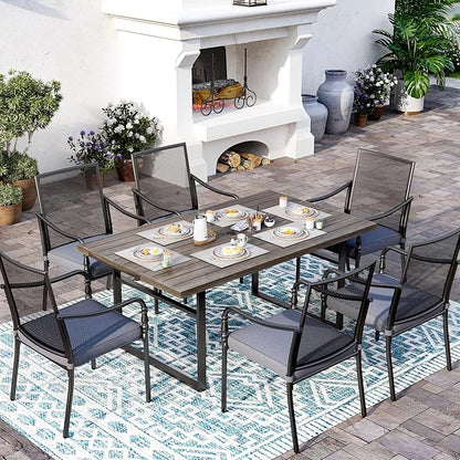 Patio Table and Chairs Set of 6, All-Weather Breathable Metal Mesh Patio Chair with Gourd-Shaped Armrests, 64x38 Wood-Like Table with Umbrella Hole, 7 Pcs Metal Frame Patio Dining Set