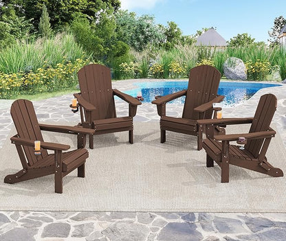 SERWALL Adirondack Chair with Cup Holders - Composite Adirondack Chairs Set of 6 HDPE Outdoor Chairs All Weather Use- Coffee