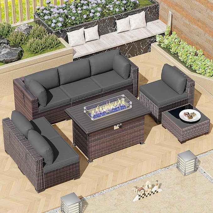Outdoor Patio Furniture Set with Propane Fire Pit Table, 8 Pieces Furniture Patio Sectional Sofa Conversation Set w/ETL Approved 43" Gas Outdoor Fire Table & Coffee Table (Grey)