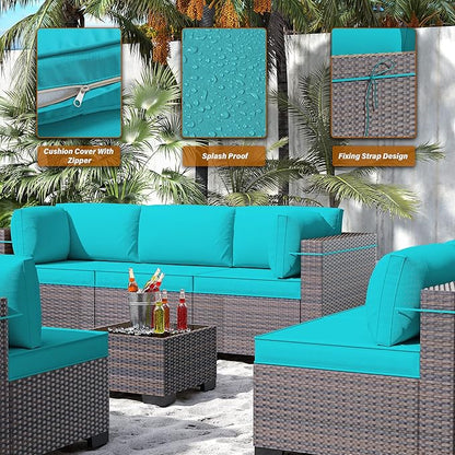 Outdoor Patio Furniture Set, 14 Pieces Outdoor Furniture All Weather Patio Sectional Sofa PE Wicker Modular Conversation Sets with Coffee Table,12 Chairs & Seat Clips(Turquoise Blue)