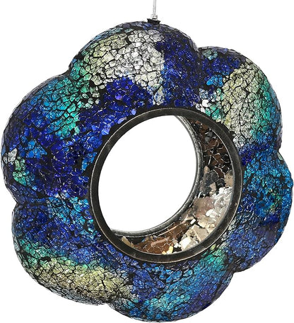 Sunnydaze 10-Inch Glass Mosaic Hanging Bird Feeder for Outdoors - Fly-Through Wild Bird Feeder - Indigo Flower Mosaic