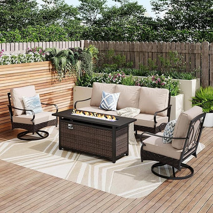 Patio Furniture Set with 56" Fire Pit Table, Premium Outdoor Wicker Metal Frame Furniture with Upgraded Waterproof Thick Cushions for Porch, Poolside, Deck, and Yard（4 Pieces,Beige