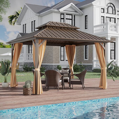 10'x12' Hardtop Gazebo Outdoor Aluminum Patio Gazebo Double Roof Galvanized Steel Canopy with Netting and Curtains for Garden, Backyard,Deck and Lawns