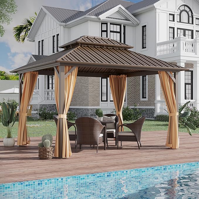 10x12 ft Hardtop Gazebo Outdoor Aluminum Patio Gazebo Double Roof Galvanized Steel Canopy with Netting and Curtains for Garden, Backyard, Deck and Lawns.