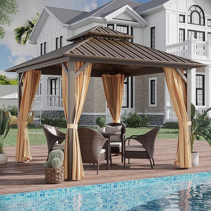 10x10 ft Hardtop Gazebo Outdoor Aluminum Patio Gazebo Double Roof Galvanized Steel Canopy with Netting and Curtains for Garden, Backyard,Deck and Lawns