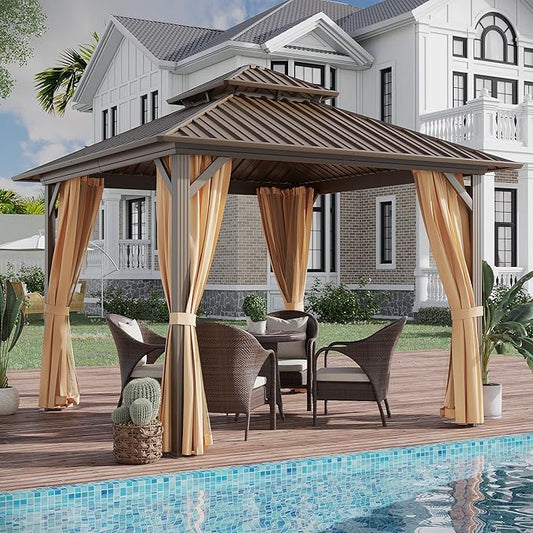 10x10 ft Hardtop Gazebo Outdoor Aluminum Patio Gazebo Double Roof Galvanized Steel Canopy with Netting and Curtains for Garden, Backyard,Deck and Lawns