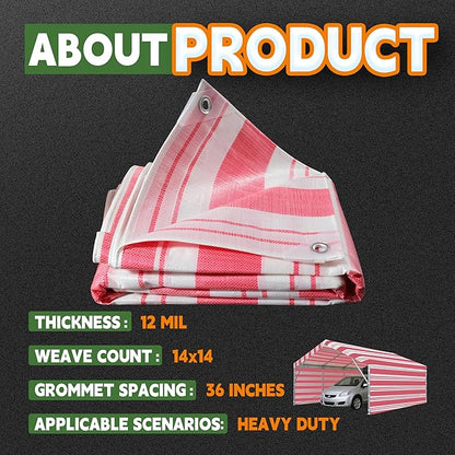 RAINDEWAY Tarps 10x12 Feet,12 Mil Sunshade Striped Tarp Waterproof,Multipurpose Poly Tarp Cover with Grommets and Reinforced Edges,Red/White Tarps