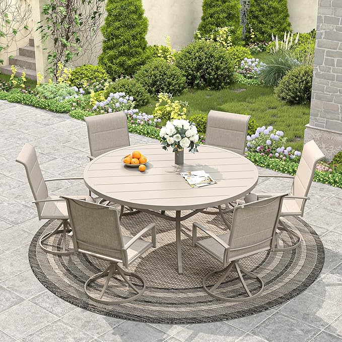 VICLLAX 53" Outdoor Round Patio Dining Table for 8, All Weather Metal Dining Table with Umbrella Hole for Deck Lawn Garden Backyard, Sandshell