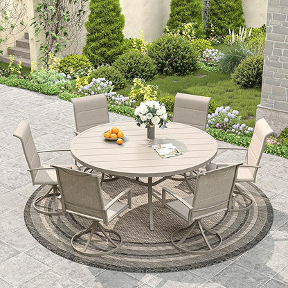 VICLLAX 53" Outdoor Round Patio Dining Table for 8, All Weather Metal Dining Table with Umbrella Hole for Deck Lawn Garden Backyard, Sandshell