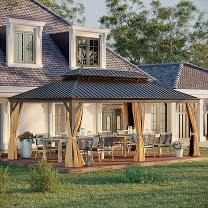 12' X 20' Hardtop Gazebo, Outdoor Galvanized Steel Double Roof Permanent Aluminum Frame Pavilion Pergola Canopy with Privacy Curtains for Garden, Patio, Backyard, Deck and Lawns.