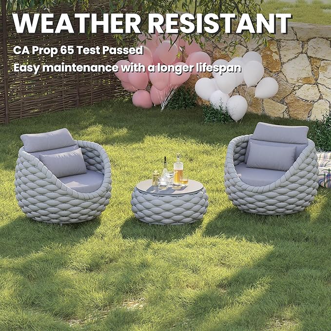 Patio Accent Chairs Set of 2: Aluminum Porch Lounge Chair with Arms - Woven Rope Cushioned Armchair - Modern One Seater Chair - Outdoor Deck Furniture for 400lbs Balcony Lanai Garden Hotel, Gray