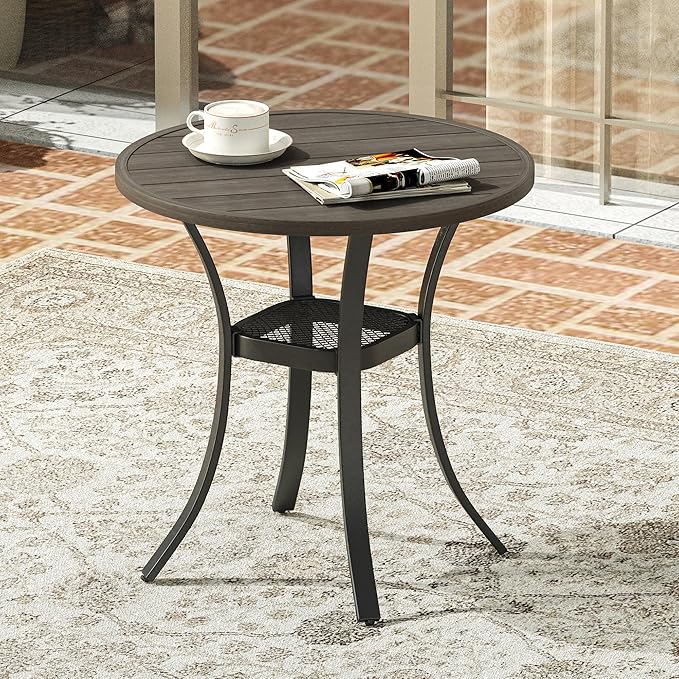 VICLLAX Round Patio Dining Table, Metal Outdoor Bistro Table with Storage Shelf for Balcony Garden Deck, 27.6" Ash Grey