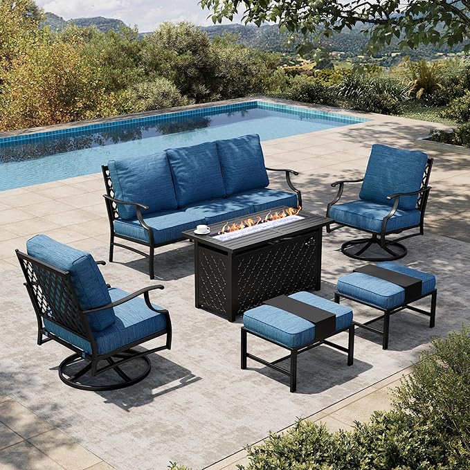 HERA'S HOUSE 6 Pieces Patio Furniture Set with Fire Pit Table, 2 x Swivel Chair, 2 x Ottoman, 3-Seat Sofa with 45" Fire Pit Table, Outdoor Conversation Set for Garden Poolside Backyard, Pacific Blue