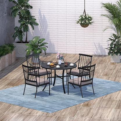 Sophia & William 5 Pieces Patio Dining Set with 4 Metal Armchairs and Round Dining Table, Outdoor Conversation Armchairs Furniture with Seat Cushions and 1.57" Umbrella Hole for Porch Backyard Balcony