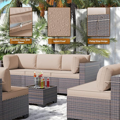 Outdoor Patio Furniture Set, 14 Pieces Outdoor Furniture All Weather Patio Sectional Sofa PE Wicker Modular Conversation Sets with Coffee Table,12 Chairs & Seat Clips(Sand)