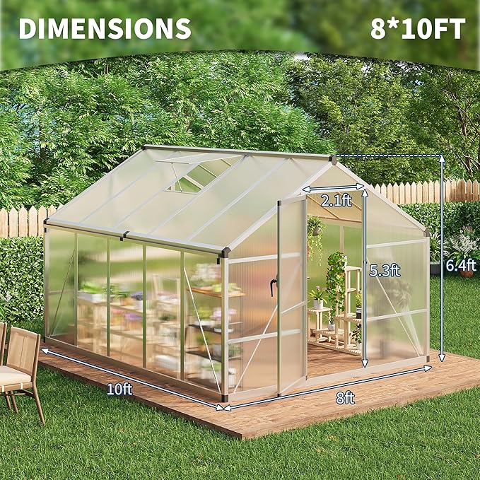 8 x 10 ft Greenhouse, Greenhouses for Outside, Polycarbonate Greenhouse with Aluminum Frame, Lockable Door and Ajustable Roof Vent for Backyard, Green Houses for Outside Garden Backyard, Patio