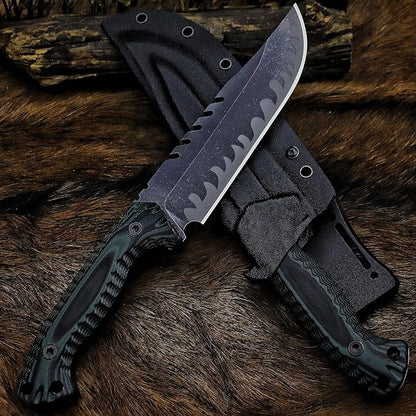 BA-KOR 12.4in Full Tang Fixed Blade Hunting Knife – 6mm 9CR18MoV Steel, G10 Handle, Stonewashed Sawback Blade with Kydex Sheath & Fire Starter for Outdoor, Camping, Survival (Green and black stripes)