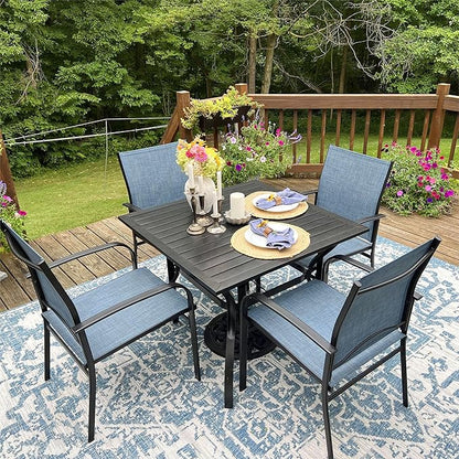 5 Pieces Patio Table and Chairs Set, 4 Person Outdoor Dining Furniture Set, 4 Blue Textilene Chairs and 37" Square Metal Table with Umbrella Hole, for Deck Backyard Lawn