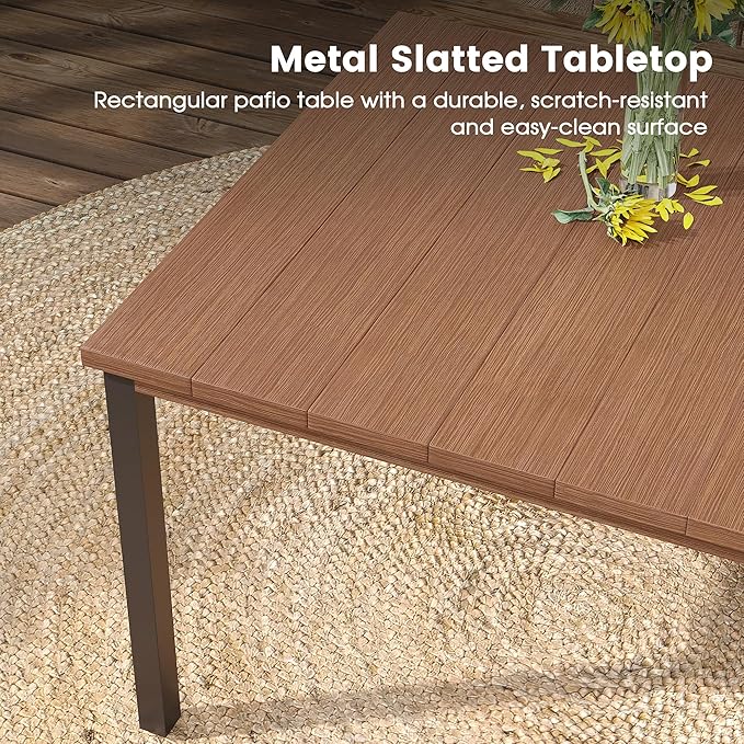 DIFY 63" Outdoor Patio Dining Table for 6, Metal Rectangular Steel Slat Patio Table with 1.57" Adjustable Umbrella Hole, Weather-Resistant for Garden Backyard Poolside Deck, Walnut
