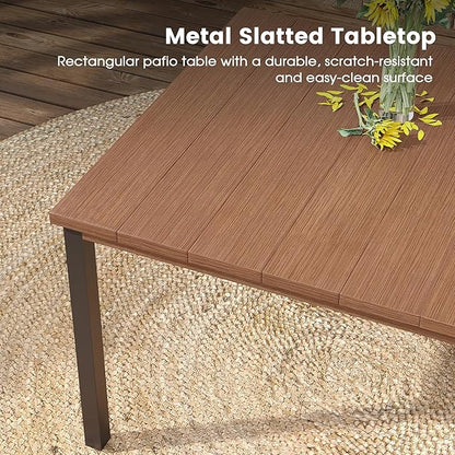 DIFY 63" Outdoor Patio Dining Table for 6, Metal Rectangular Steel Slat Patio Table with 1.57" Adjustable Umbrella Hole, Weather-Resistant for Garden Backyard Poolside Deck, Walnut