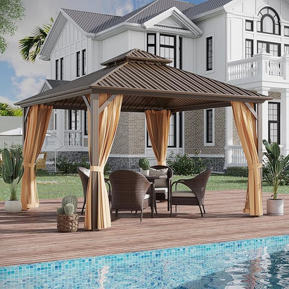 12'x12' Hardtop Gazebo, Outdoor Aluminum Patio Gazebo Double Roof Galvanized Steel Canopy with Netting and Curtains,for Garden Patio, Backyard, Deck and Lawns.