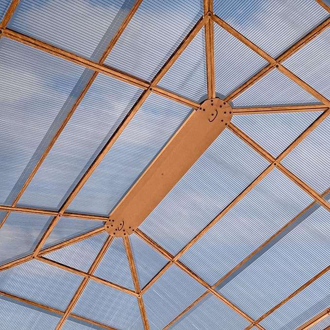 TOOLPORT Hardtop Gazebo 10x13 ft with Polycarbonate Roof - Wood-Like Finish - 4 Side Panels in Champagne