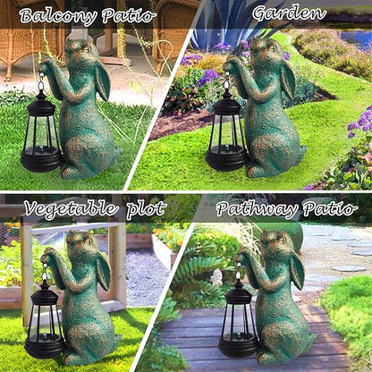 JOYBEE Garden Statues Rabbit with Solar Lantern Outdoor Decor-Rabbit Solar Figurines Lights Decorations for Patio Yard Lawn Ornaments-Gifts for Birthday Easter Housewarming