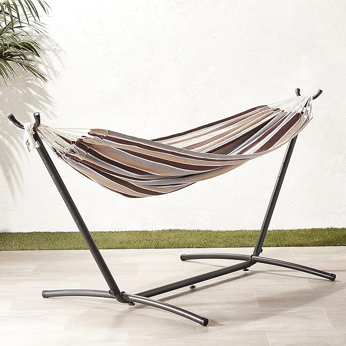 Amazon Basics Double Hammock with 9-Foot Space Saving Steel Stand and Carrying Case, 450 lb Capacity, Cream Wave, 110x47x43 inches