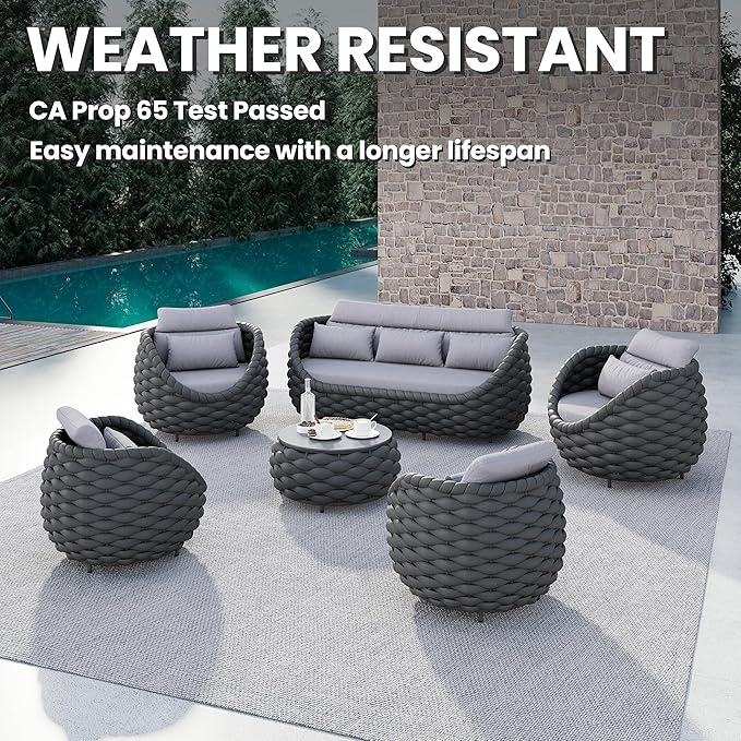 2 Pcs Woven Rope Outdoor Chair: Aluminum Patio Accent Chair with Arms - Assembled Cushioned Lounge Chair For 400lbs - Morden Porch Furniture Seating for Deck Balcony Garden Backyard Hotel Resort