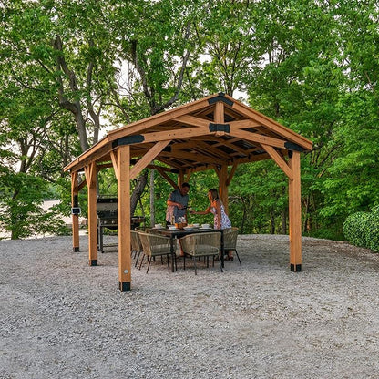 Backyard Discovery Norwood 24' x 12' Cedar Wood Outdoor Gazebo Pavilion with Hardtop Galvanized Steel Peak Roof, Snow Support, Wind Resistance, PowerPort, Shade for Garden, Patio, Deck, Entertaining