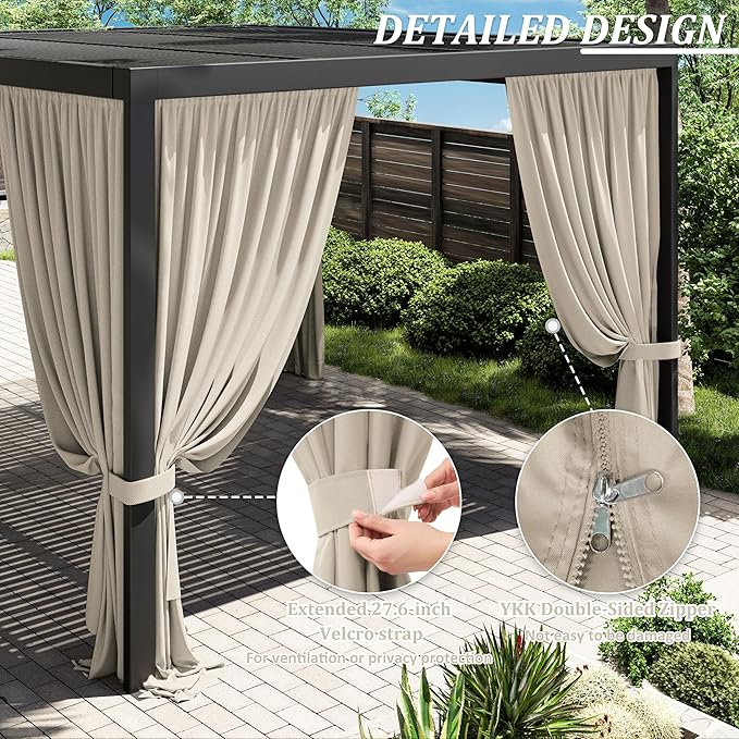 Gazebo Universal Replacement Privacy Curtain,12'×14' Gazebo Outdoor Waterproof Curtains, 4-Panels Sidewall Curtains with Double Zipper for Patio Canopy, Garden and Backyard (Curtain Only)
